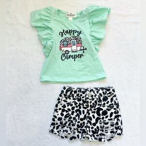 NWOT Mint Green Ruffle Sleeve Top & Black White Shorts Set Toddler Girl 18-24M